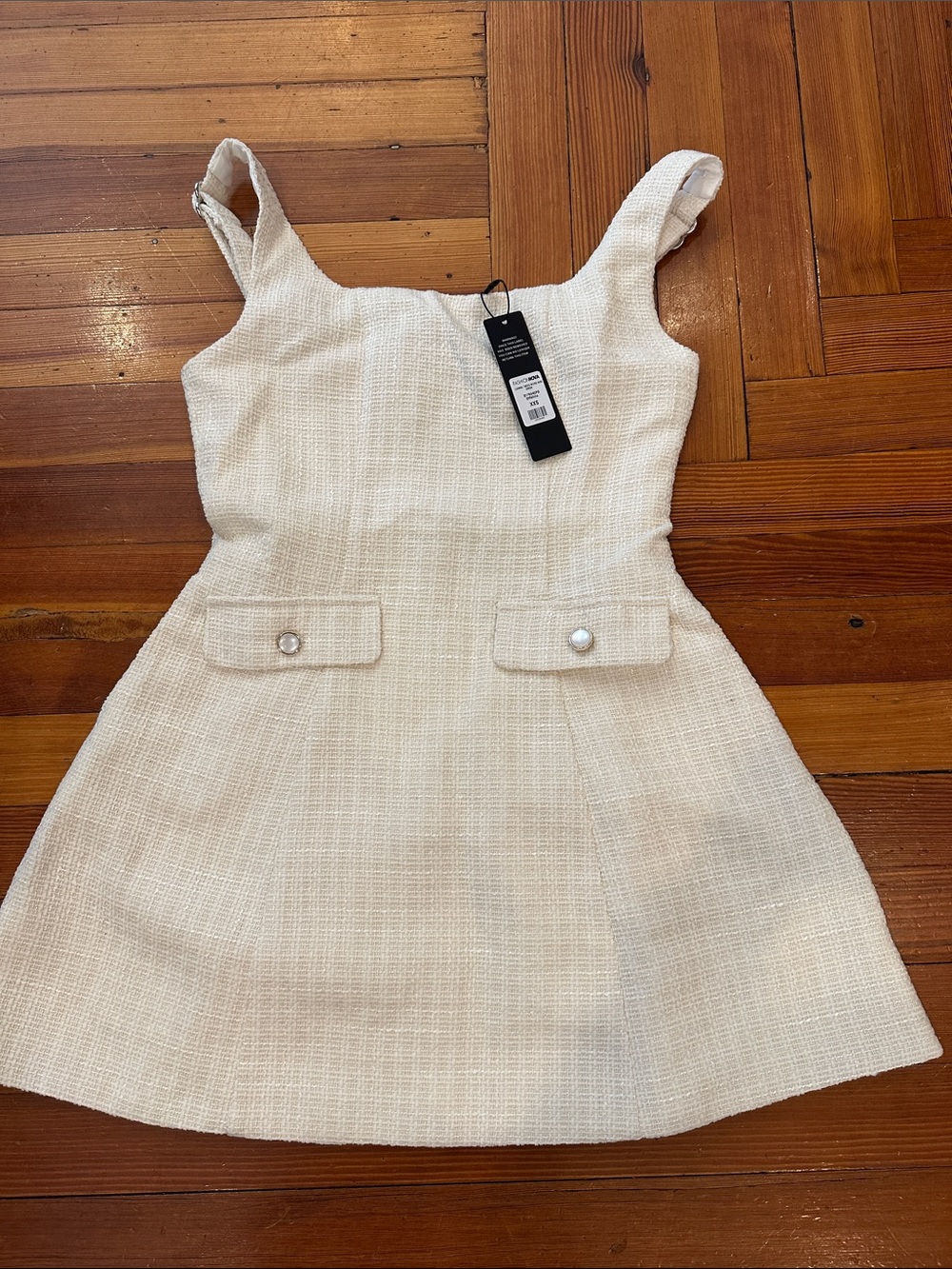 Fashion Nova Cream Tweed Mini Dress with Pearl-Detail Pockets